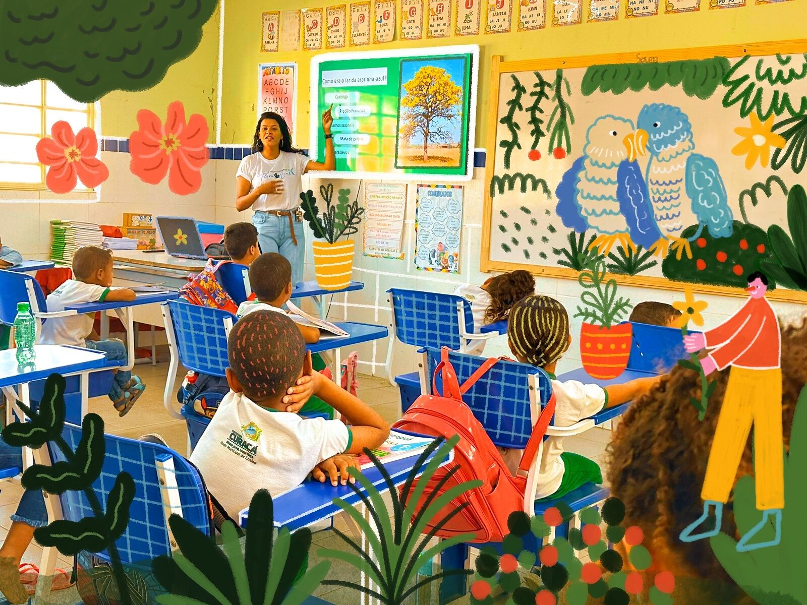 A classroom filled with children attentively sitting at their desks, engaged in learning activities.