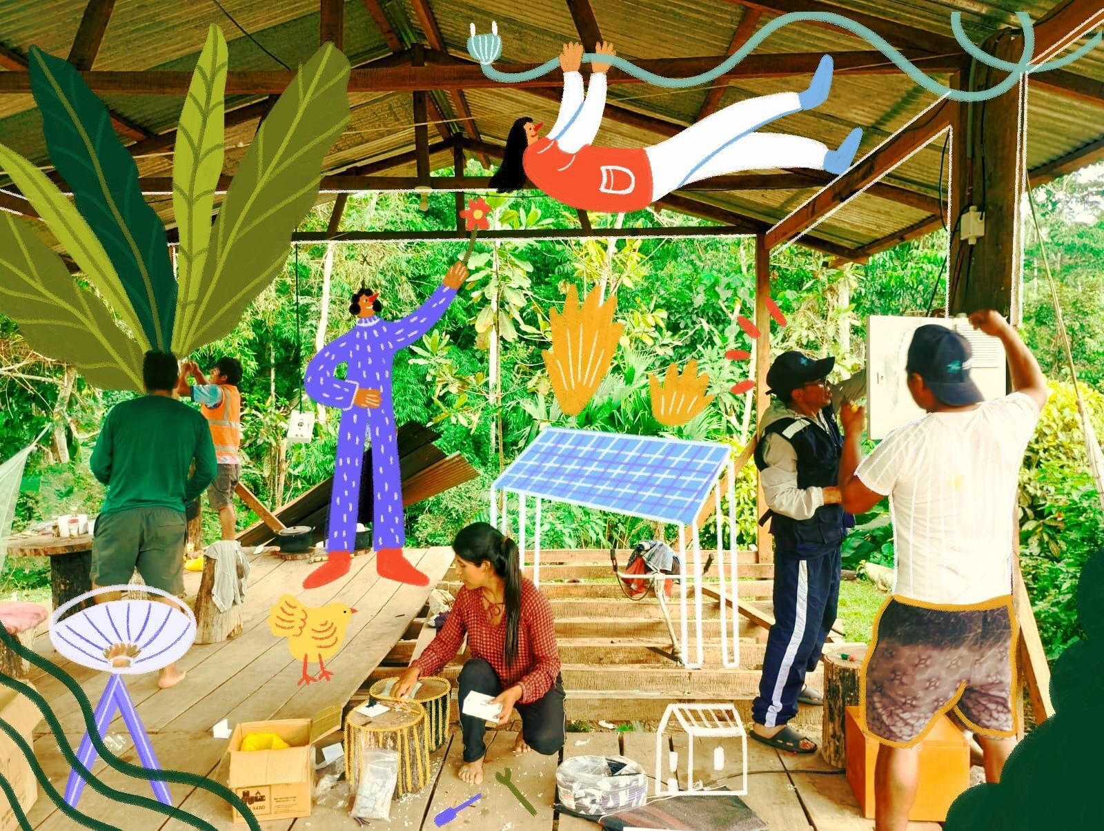 Group of young people working with a community in the installation of solar panels.