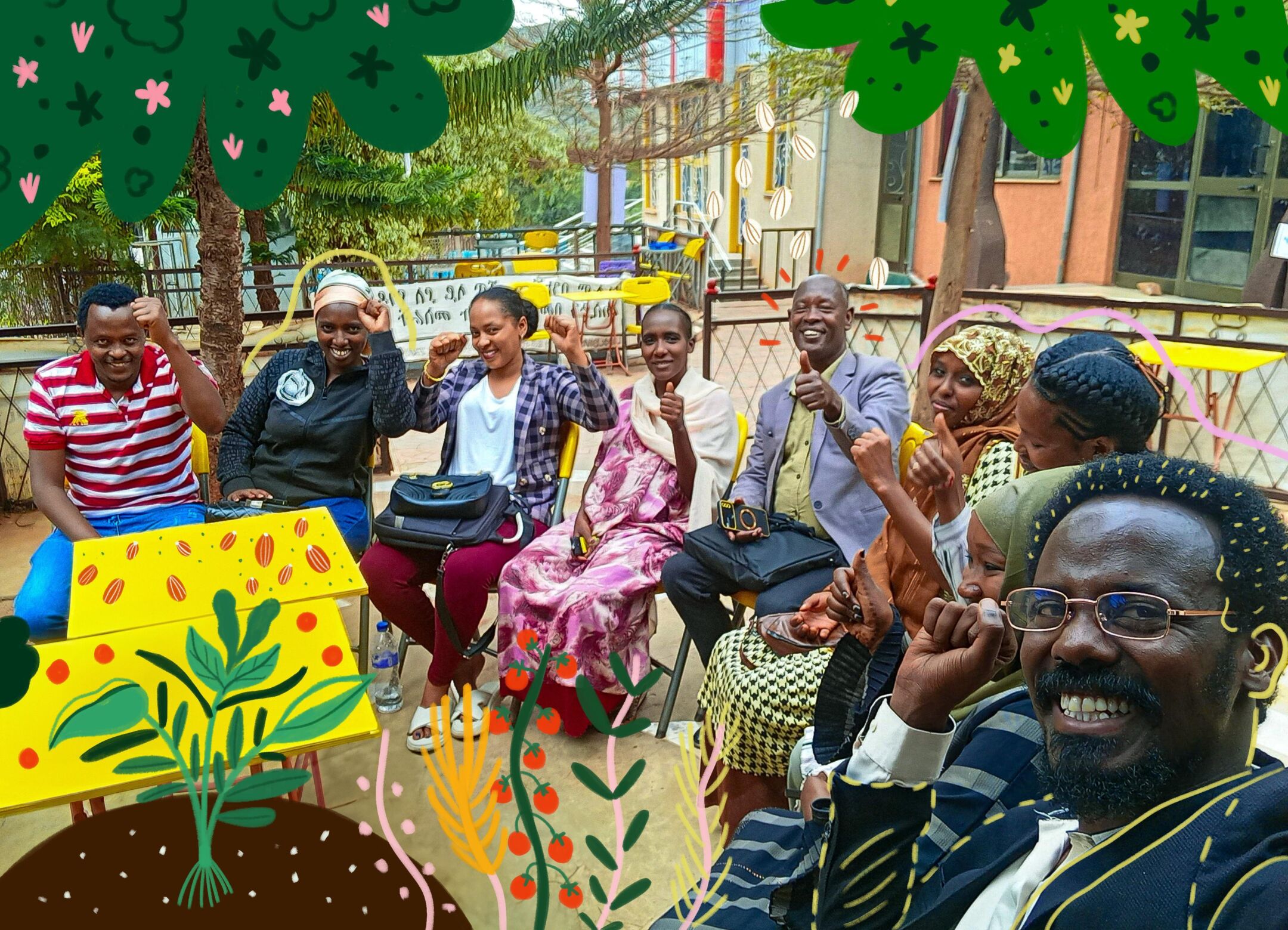 Several representatives from AYPI are seated on a bench in front of a lush green tree, engaged in conversation and working session.